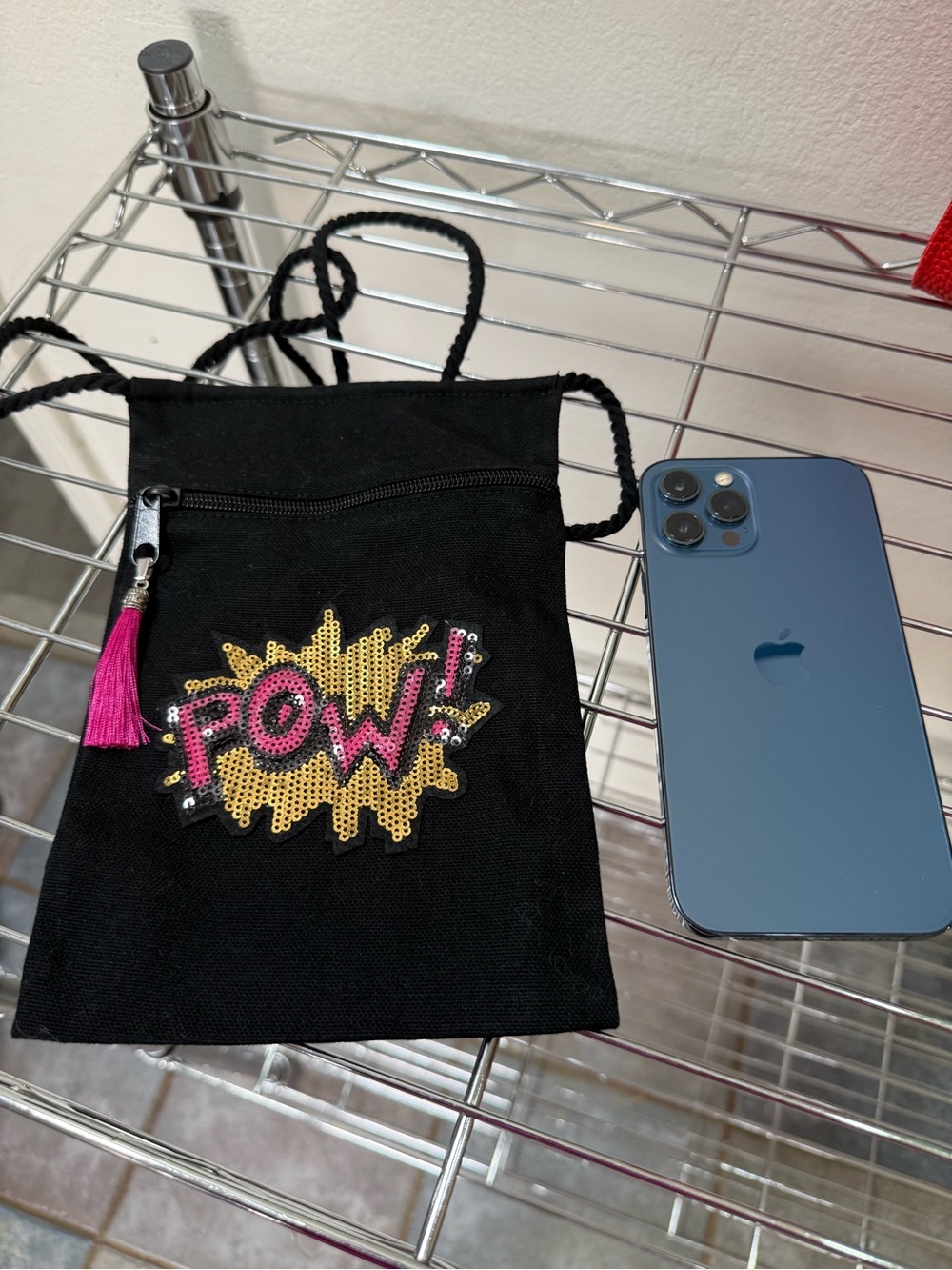 Black Crossbody Phone Pouch with POW Sequin Patch and Pink Tassel